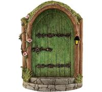 Porte da giardino in miniatura in legno con fata verde, mini gnomo per esterni, accessori per tronco d'albero, ornamenti da giardino, scultura decorativa