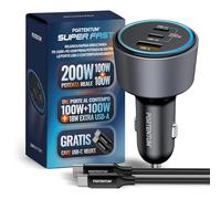 PORTENTUM Caricatore Auto Triplo e Simultaneo 200W - Include Cavo da 100W USB-C - Carica Batteria per Auto Cellulare - 2x USBC PD 100W + USBA QC 18W - Per iPhone iPad MacBook