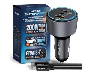 PORTENTUM Caricatore Auto Triplo e Simultaneo 200W - Regalo Cavo USB Type-C Ricarica Rapida - Carica Batteria per Auto Cellulare - 2x USBC PD 100W + USBA QC 18W - Per iPhone MacBook