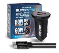 PORTENTUM Caricatore Auto Doppio e Simultanea 60W - 60 W Cavo USB Type-C Ricarica Rapida - Carica Batteria per Auto Cellulare - USBC PD 30W + USBA QC 30 W -Per iPhone iPad Android