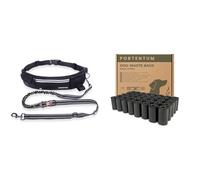 PORTENTUM Guinzaglio Mani Libere per Cani con Cintura Nero + 600 Sacchetti Igienici per Cani, Antifuga in Materiale Riciclato - Kit Essenziale per Correre, Camminare ed Escursioni