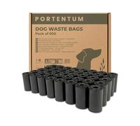 PORTENTUM Sacchetti Igienici Cane, 600 Pezzi (40 Rotoli), Neri - Extra Resistenti, Antiperdita e di Facile Apertura, Sacchetti per Cacca di Cane in Materiale Riciclato e Senza Profumo