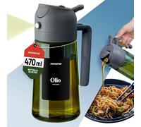 PORTENTUM Spruzzino olio per friggitrice aria 470 ml 2 in 1 funzione spray e versamento - Oliera spray vetro verde protezione dalla luce - Etichette multilingua - Nebulizzatore insalate e grigliate