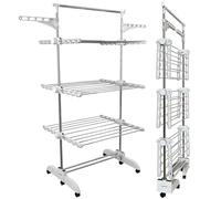 PORTENTUM Stendino verticale salvaspazio pieghevole 14 cm 5 livelli - 58 ganci per appendini - Fino a 40 kg - Stendibiancheria 24 barre acciaio inox - Uso interno ed esterno - Ruote girevoli con freno