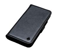 Porter Riley - pelle compatibile con iPhone 16e / iPhone 17e. Custodia premium in vera pelle con funzione support/portafoglio/copertura pieghevole con slot per carte e supporto orizzontale (Nero puro)