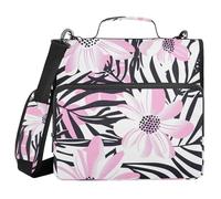 Portfolio organizer a 3 anelli con manico, impermeabile, motivo floreale, pesca, nero, 3,8 cm, per la scuola