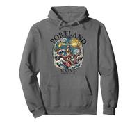 Portland Maine Octopus Lighthouse 1632 Lettere Nere Felpa con Cappuccio