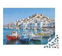 Porto isola greca Difficile Puzzle 1000 pezzi per adulti Incantevole villaggio di pescatori dell'isola mediterranea Premium robusto alta qualità vibrante stimolante antistress 52x38cm/1000pz