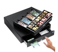 POS VALLEY Cassetto Portasoldi in Ferro - Salvadanaio con Chiave Nero - 8 Vassoi Monete Regolabili, 4 Sezioni Banconote, Slot per Assegni, Apertura a Pressione del Pannello Frontale - 41 x 41 cm
