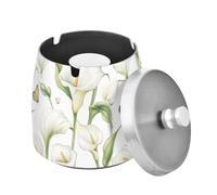 Posacenere da patio con coperchio, senza fumo, portatile, in acciaio inox, per interni ed esterni, per decorazione di sigari, elegante calla Lily bianco