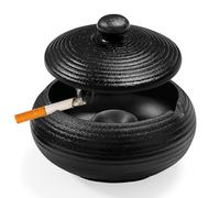 Posacenere Retrò in Ceramica Nera con Coperchio, Antivento per Esterno - Ideale per Giardino, Balcone, Patio e Ufficio (Nero)