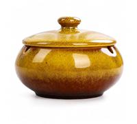 Posacenere rotondo in ceramica gialla con coperchio, 11,5 cm, marrone smaltato, accessorio per interni ed esterni, patio, balcone, casa, ufficio, design che riduce gli odori