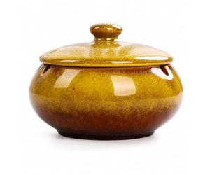 Posacenere rotondo in ceramica gialla con coperchio, 11,5 cm, marrone smaltato, accessorio per interni ed esterni, patio, balcone, casa, ufficio, design che riduce gli odori