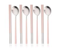 Posate Acciaio Inox Set di 8 posate, bastoncini for sushi in acciaio inox opaco, cucchiai da cena, bacchette e cucchiai da dessert.(Pink Silver)