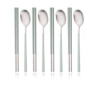 Posate Acciaio Inox Set di 8 posate, bastoncini for sushi in acciaio inox opaco, cucchiai da cena, bacchette e cucchiai da dessert.(Green Silver)