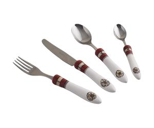 Posate con manico in Ceramica bianca dipinta a mano POMPEI Set 4 pezzi Il manico è decorato con miniature di frutta in toni di bruno e riccioli di blu antico multicolor