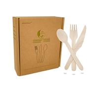 Posate in Legno Monouso, [Set da 150 Pezzi] Posate in Legno per Campeggio, Feste, Compleanni, 50 Coltelli, 50 Forchette e 50 Cucchiai in Scatola Kraft - 100% Biodegradabili