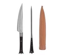 Posate medievali in acciaio inox con custodia in pelle, ca. 19 cm, manici in corno