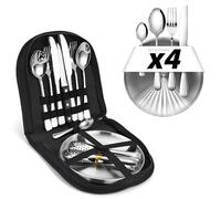 [Posateria 23 pezzi] Set di posate da Campeggio per 4 Persone. Borsa Portatile con Forchette, coltelli, cucchiai, piatti in Acciaio Inox. Stoviglie per esterni, barbecue, picnic (Include 4 cucchiaino)