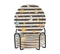 Posavasos Para Mesa - Set di 6 sottobicchieri con supporto, motivo a righe bianche e nere con sole, luna, stella