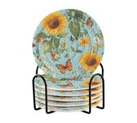 Posavasos Para Mesa - Set di 6 sottobicchieri rustici con girasole blu e supporto