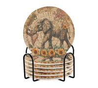 Posavasos Para Mesa Sottobicchieri Assorbenti Boho Retro Elefante Girasoli con Supporto Set di 6 Sottobicchieri per Bevande Assorbenti