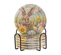 Posavasos Para Mesa - Sottobicchieri assorbenti con supporto, motivo: coniglio, carote, fiocco, margherita, 6 pezzi