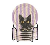 Posavasos Para Mesa - Sottobicchieri assorbenti con supporto, motivo gatto nero, strisce bianche e viola, 6 pezzi