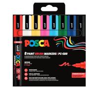 POSCA - Uniposca Set Completo 8 Pennarelli Punta Brush 1-4mm, Pennarelli Acrilici Colori per Tessuti, Legno, Vetro e Altro Acquerellabili Uni Posca Professionali per Cartoleria Resistenti a Acqua/Luce