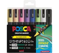 POSCA 186836 - Set di pennarelli POSCA, 8 pennarelli acrilici, pennarello indelebile PC-5M e pennarello a pennello PC-5BR