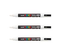 POSCA Mitsubishi Pencil - 3 pennarelli bianchi PC3M, punta conica, punta fine, pennarello a base d'acqua, qualsiasi supporto, per carta, tessuto, vetro, ciottoli, legno, ecc.