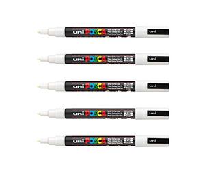 POSCA Mitsubishi Pencil 5 pennarelli bianchi PC3M, punta conica, punta fine, pennarello a base d'acqua, qualsiasi supporto, per carta, tessuto, vetro, ciottoli, legno, ecc.