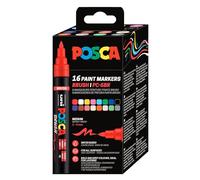 POSCA Mitsubishi Pencil - Pochette 16 Marqueurs PC5BR - Pointe Brush Moyenne, Semi-Flessibile - Peinture à Base d'Eau - Tout Support - Couleurs Assofties