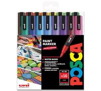 Posca PC-3M - Pennarelli indelebili a base d'acqua, 0,9-1,3 mm, set di 16 penne a spettro completo, in confezione regalo di plastica