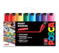 Posca PC-7M - Pennarello indelebile a base d'acqua, multiuso, punta a proiettile da 4,5-5,5 mm, set da 8 in astuccio di plastica, colori essenziali