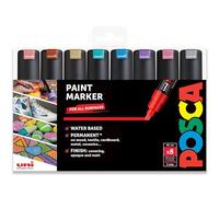 Posca PC-8K Pennarelli indelebili a base d'acqua, punta a scalpello da 8 mm, set di 8 in astuccio di plastica, tonalità metallizzate