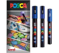 Posca - Pennarello indelebile a base d'acqua - uso multi superficie - PC-1M, PC-3M, PC-5M - Confezione da 3 penne in astuccio (Blu)