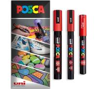 Posca - Pennarello indelebile a base d'acqua - uso multi superficie - PC-1M, PC-3M, PC-5M - Confezione da 3 penne in astuccio (Rosso)