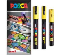 Posca - Pennarello indelebile a base d'acqua - uso multi superficie - PC-1M, PC-3M, PC-5M - Confezione da 3 penne in astuccio (Giallo)