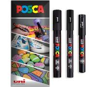 Posca - Pennarello indelebile a base d'acqua - uso multi superficie - PC-1M, PC-3M, PC-5M - Confezione da 3 penne in astuccio (Nero)
