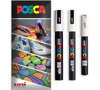 Posca - Pennarello indelebile a base d'acqua - uso multi superficie - PC-1M, PC-3M, PC-5M - Confezione da 3 penne in astuccio - bianco