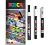 Posca - Pennarello indelebile a base d'acqua - uso multi superficie - PC-1MR, PC-1M, PC-3M - Confezione da 3 penne in astuccio (Bianco)