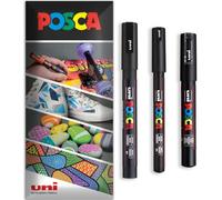 Posca - Pennarello indelebile a base d'acqua - uso multi superficie - PC-1MR, PC-1M, PC-3M - Confezione da 3 penne in astuccio (Nero)