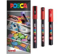 Posca - Pennarello indelebile a base d'acqua - uso multi superficie - PC-1MR, PC-1M, PC-3M - Confezione da 3 penne a portafoglio - rosso