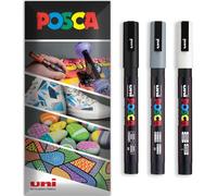 Posca - Pennarello indelebile a base d'acqua - uso multi superficie - PC-3M - Confezione da 3 penne in astuccio (nero, grigio, bianco)