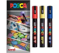 Posca - Pennarello indelebile a base d'acqua - uso multi superficie - PC-5M - Confezione da 3 penne a portafoglio (Rosso, Giallo, Blu)