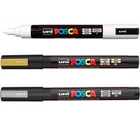 Posca Pennarello indelebile a base d'acqua, uso su varie superfici, PC-5M, 1,8-2,5 mm, inchiostro bianco, argento e oro, confezione da 3