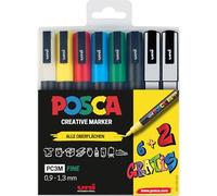 Faber-Castell uni-ball 186825 - Set di pennarelli POSCA, confezione da 8 penne acriliche PC-3M, 0,9 - 1,3 mm, 6 colori standard + 2 colori speciali alternati