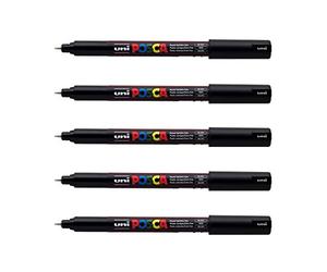POSCA - Uni Mitsubishi Pencil - 5 pennarelli neri PC1MR punta extra fine calibrata 0,7 mm - Pennarello a base d'acqua - qualsiasi supporto - per carta, tessuto, vetro, ciottoli, ecc.