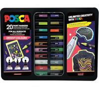 Uni-Ball 186831 POSCA Marker Set 20 penne acriliche in custodia, Marker Set Groovy Colours, punta PWE5M 1,8-2,5 mm
